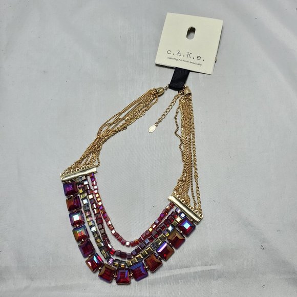 Cake by Ali Khan 4 row iridescent crystal red bead with 8 row gold strand neck - Picture 4 of 8